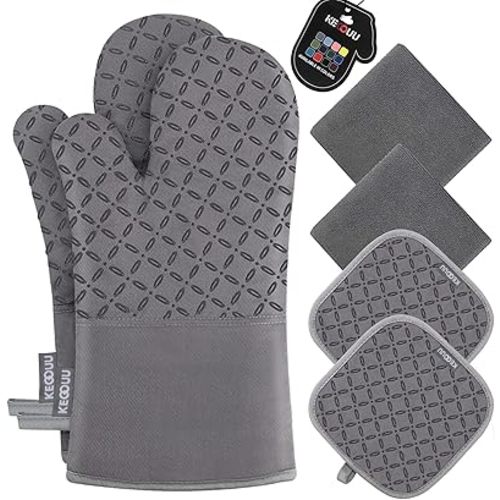 KEGOUU Oven Mitts and Pot Holders 6pcs Set, Kitchen Oven Glove High Heat Resistant 500 Degree Extra Long Oven Mitts and Potholder with Non-Slip Silicone Surface for Cooking (Black)