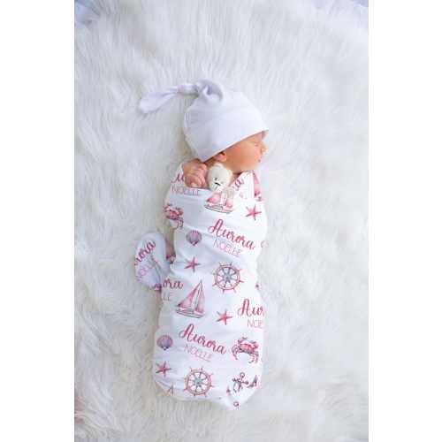 Personalized Baby Girl Nautical Swaddle Blanket, Receiving Blanket, Hospital Blanket, Sailboat Anchor, Baby Shower Gift, Baby Bedding, Ocean