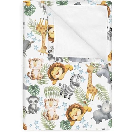Jungle Friends Baby Blankets for Boy Girl Safari Lion Giraffe Elephant Tropical Leaves Soft Flannel Nursery Bed Blanket for Infant Toddler Crib African Animals Swaddle Receiving Blanket 40x50inch