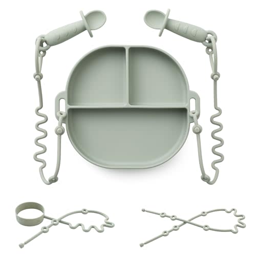 Andy Bear Silicone Plates for Babies with Suction Divided Baby Spoons Silicone Baby Toy Straps All-in-one Plates Silicone Placemat for Babies Toddlers Attachable Tethers & Built-in Suction Cups-Sage