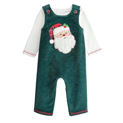 Mud Pie Baby Boys Sleeveless Santa-Face-Applique Corduroy Coverall & Long-Sleeve Solid Waffle-Weave T-Shirt Set