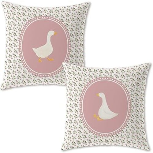 Pink Floral Goose Pillow Covers 18x18, Goose Nursery Decor, Cottagecore Flower Geese Decorative Throw Pillow Covers for Baby Girls Kids Room Nursery Bedroom Playroom, Set of 2