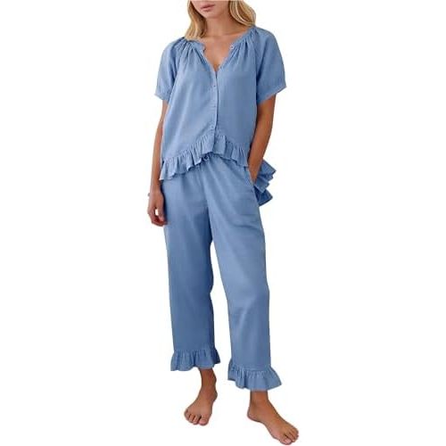COZYPOIN Womens Cotton Pajamas Set Cute Ruffle Pjs