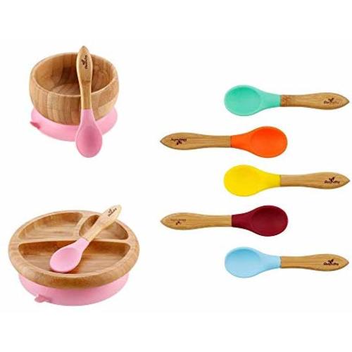 Avanchy Baby Divided Bamboo Plate, Bowl & Spoons Set - Baby Cutlery - Bamboo Kids Bowl - BPA Free Bowl - Bamboo Kids Utensils - Baby Divided Plate, Bowl, and Spoons Set, Pink
