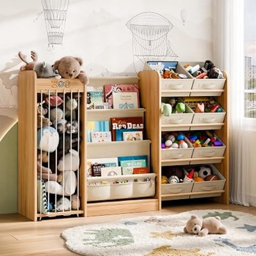 Kids Toy Organizer with Bookshelf & Stuffed Animal Storage, 51'', Burlywood