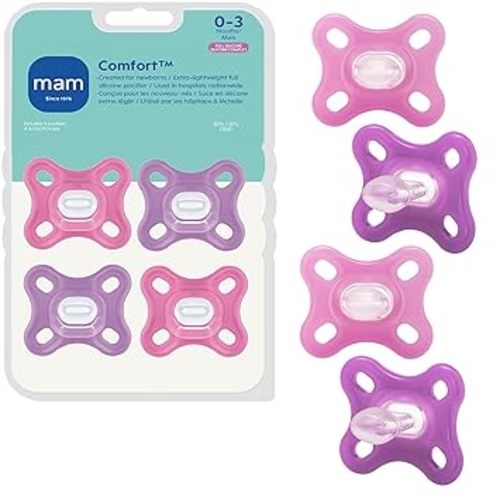 MAM Comfort Baby Pacifiers 0-3 Months Newborns, Lightweight One-Piece Full Silicone Binky, BPA-Free Nipple, Easy to Clean Pacifier, Best for Breastfed Babies, 4 Count, Sterilizer Case, Made in Europe
