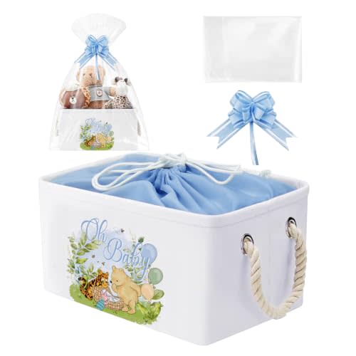 3Pcs Winnie Bear Storage Basket for Party Gifting with Gift Bags and Ribbons Collapsible Storage Basket with Drawstring Closure for Home Living Space Decor 13 x 9.1 x 7.1 Inch(Blue)