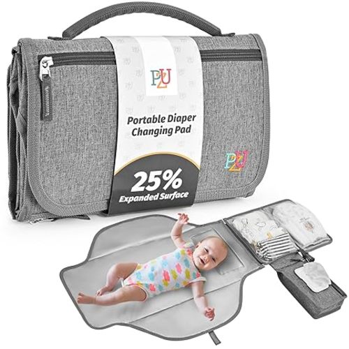 PZU Portable Diaper Changing Pad - Changing Pad Portable with Wipes Pocket, Waterproof Diaper Changing Mat, Portable Changing Pad for Baby, Newborn Gift(Grey)