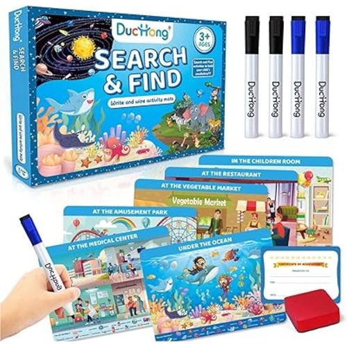 Reusable Preschool Learning Activities, Search and Find Cards with 4 Markers and 12 Themes Mats, Educational Toys for Kids Ages 4-6,3-8, Travel Games Gifts for Girls and Boys Ages 3 4 5 6