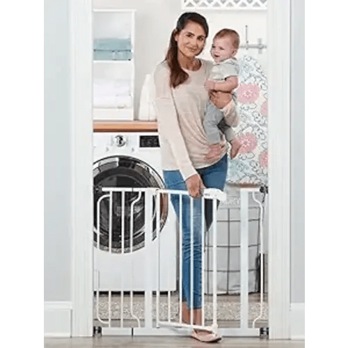 Regalo Safety 29-38.5" Baby Gate for Doorways & Bottom of Stairs, Pressure Mounted Baby Gate with Door for Babies, Toddlers & Pets, Tested & Safe for 30 Years, American Designed, American Owned, White