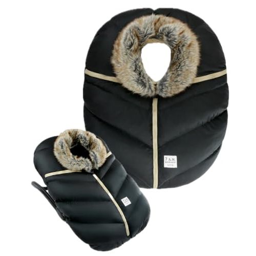 7AM Enfant Car Seat Covers - Cocoon Baby Cover for Boys & Girls, Rain & Snow Repellent, Breathable Windproof, Center Zipper, Universal Fit for Infant Car Seat (0-12M) (Black Faux Fur)