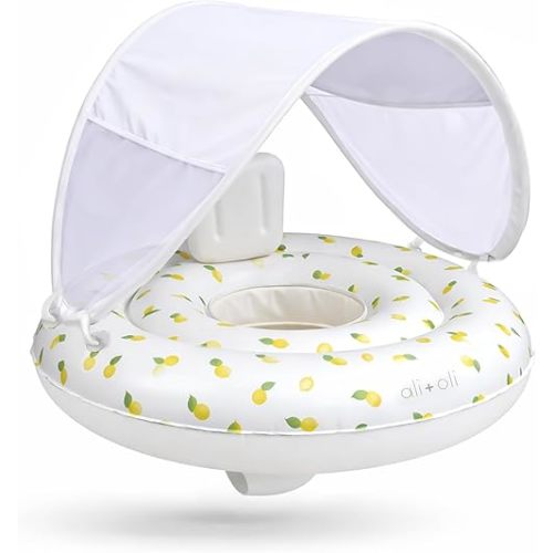 Ali+Oli Baby Swim Seat with Sun Canopy | Inflatable Infant Pool Float for First Pool Experiences | Stable Toddler Swim Seat with Leg Openings | Lemons Print
