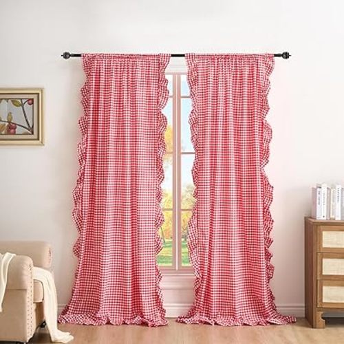 Red White Plaid Gingham Ruffle Curtains 2 Panels, 100% Washed Cotton Drapes for Bedroom Living Room Doorway Shabby and Chic Window Treatment Rod Pocket, W52”xH84