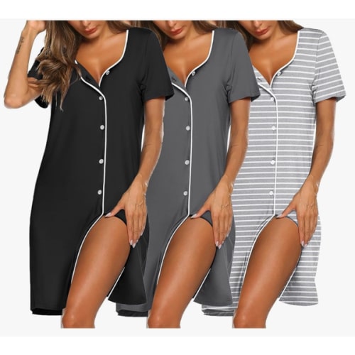 Ekouaer Nightgowns for Women 3 Pack Sleep Shirts Button Down Pajama Dress Short Sleeve Nightshirt Sleepwear Nightdress