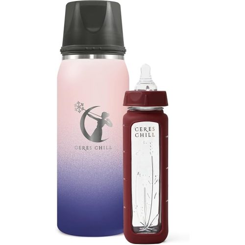 Ceres Chill Breastmilk Chiller/Warmer Bundle, 27oz of Storage, 20 Hour Chill, Comes with Glass Baby Bottle for The Ultimate Bottle Warming Duo (Mombre Chiller & Plum Bottle)