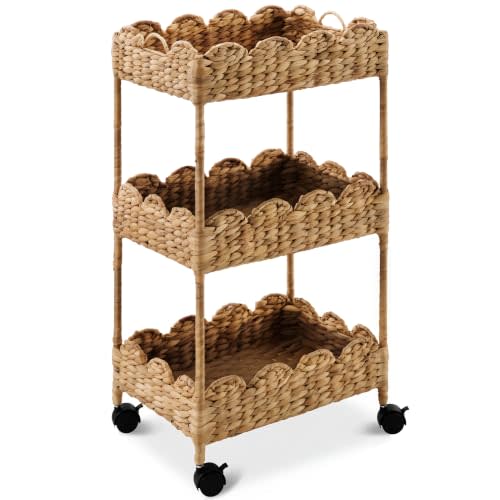 Best Choice Products 3-Tier Scalloped Nursery Caddy w/Wheels, Handwoven Utility Cart, Storage Organization for Bathroom, Craft Room, Laundry Room - Chestnut