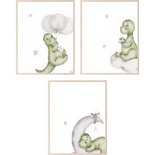 BigWig Prints - Dinosaur Nursery Posters, Dino Room Decor for Boys, Dino Wall Art for Toddlers and Baby Boys, Dinosaur Bedroom Decorations, Cute Prints for Kids - Unframed Set of 3 (8x10)