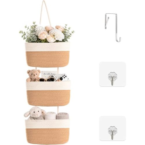 ICERZCZ Hanging Baskets for Organizing, Over the Door Decorative Storage Organizer, Nursery Decor Organization, 3-Tier Wall Basket for Entryway Playroom Bathroom Closet, Khaki & Off White