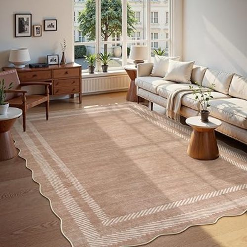 Lahome Scalloped Washable Area Rugs 5x7, Soft Nursery Rug for Bedroom Girls, Modern Bordered Ultra-Thin Non Slip Solid Throw Carpet for Living Room Classroom Office, Mauve/Pink