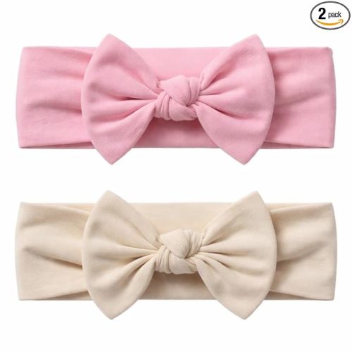 Baby Girl Headbands-Infant,Toddler Cotton Handmade Hairbands with Bows Child Hair Accessories (2, Pink-Light Beige, 3-36 Month)
