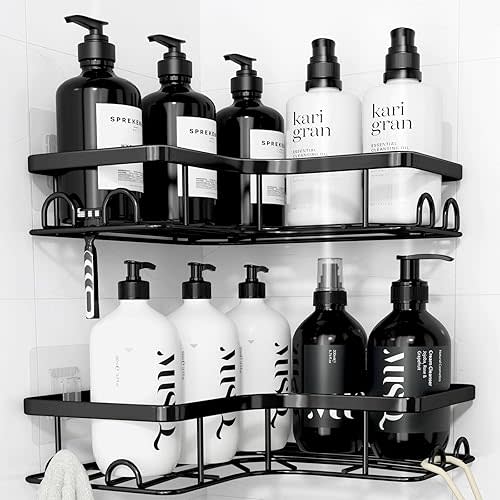 Kitsure Corner Shower Caddy - 2 Pack Rustproof Shower Organizer, Durable Shower Shelf with Large Capacity, Drill-Free Adhesive Bathroom Shelves with 4 Movable Hooks, 11.0 x 21.5 x 4.5cm, Black