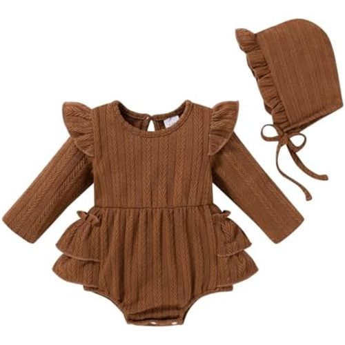 YOUNGER TREE Baby Girl Clothes Long Sleeve Ruffle Romper Infant Fall Winter Outfits with Hat Cute Jumpsuit Bodysuit