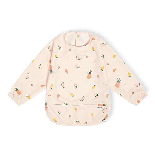 Lalo Smock Bib - Long Sleeve Bib for Infants and Toddlers - Elastic Cuffs, Large Catch-All Pocket, Waterproof Recycled Polyester - Easy to Clean for Mealtime - Fruit Print Grapefruit Infant