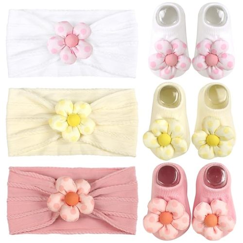 Baby Girls Headbands and Socks Newborn Flower Hairbands Non-Slip Grips Socks Nylon Hair Accessories Infants and Toddlers (Pink, 6-12 Months)