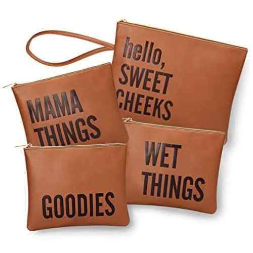 Diaper Bag Organizing Pouches Mominside, Set of 4 Leather Diaper Clutch, Large Dry Wet Bag, Baby Bag Organizer for Daily Use Shopping Travel Vacations, Baby Registry Search-Brown
