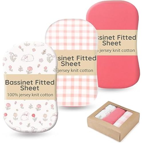 100% Jersey Cotton Bedside Bassinet Sheets 17" x 29" Fit for Halo BassiNest Swivel Sleeper and 4moms Mamaroo Sleep, Super Soft and Breathable Bassinet Fitted Sheets for Baby, 3 Pack, Pink