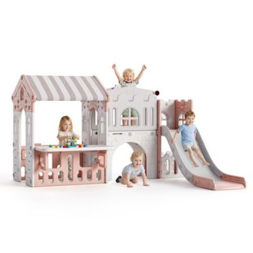 Toddler Slide Set, Kids Slide for Toddlers 1-3 with Activity Table, Basketball Hoop, Telescope & Tunnel, Climber Slide