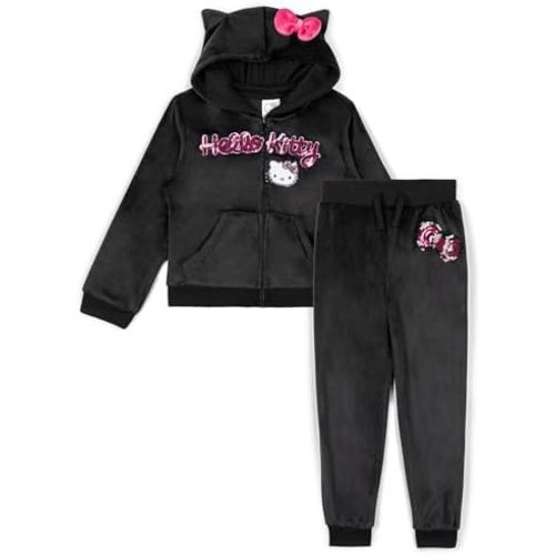 Hello Kitty Girls Velour Zip Up Hoodie and Jogger Pants Outfit Set Toddler to Big Kid Sizes (2T - 14-16)