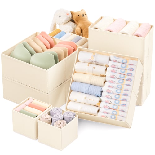 Criusia Drawer Organizers for Clothes, Foldable Closet Storage Bins, Durable Fabric Dresser Dividers Set of 10 (Large, Medium, Small), Beige