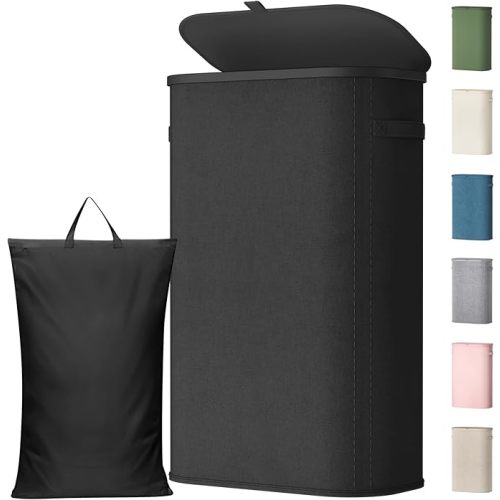Lifewit Slim Laundry Basket with Lid, Narrow Laundry Hamper with Plastic Handles and Removable Bag, Tall Foldable Dirty Clothes Hampers for Laundry Room, Bedroom, Bathroom, Dorm, 65L Beige
