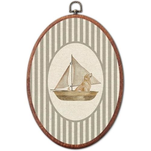 XSTWLJ Vintage Golden Retriever Nursery Oval Wall Art, Hot Sailboat Canvas Prints Framed, Retro Wall Art Hanging Decor for Bedroom Living Room Kids Toddler Room Playroom Decoration, 8.6x11.4 Inch