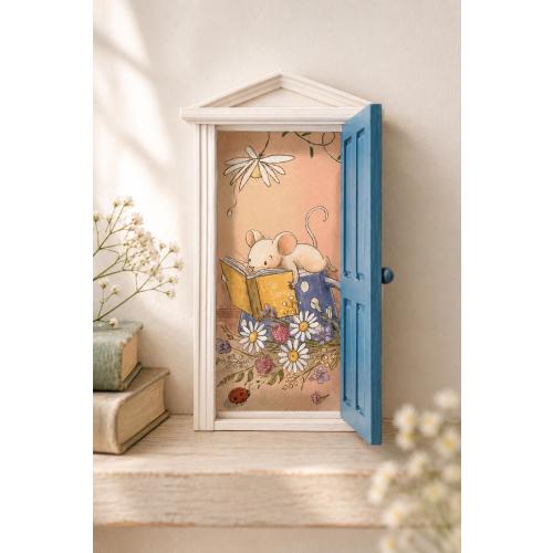 Mini Fairy Door with Reading Mouse, Book Lover Decor, Whimsical Miniature Door