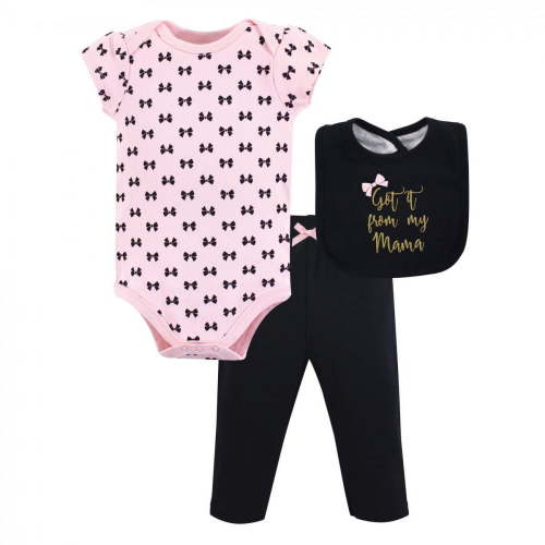 Little Treasure Baby Girl Bodysuit, Pant and Bib, Mama, 0-3 Months