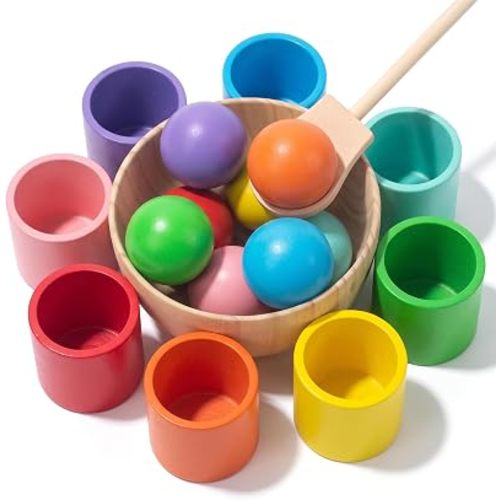 WOODENFUN Rainbow Balls in Cups Toddler Montessori Toys for Age 1-3, Larger