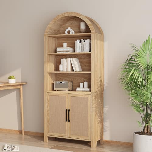 Janmer Home 71" Tall Boho Rattan Arched Bookcase with Doors, Natural | Mid-Century Modern, Curved Bookshelf, Arch Pantry Cabinet,Adjustable Shelves,Open Display Shelf for Living Room, Office