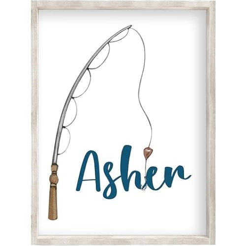 Personalized Watercolor Fishing Pole Nursery or Little Boys Room Print, Rustic Outdoor Nautical Themed Decor