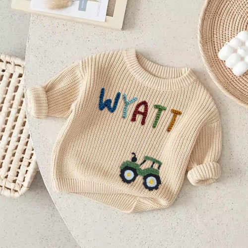 Custom Hand Embroidered Boy Sweater | Personalized Tractor with Name Sweater | Farmer Baby Outfit |  Newborn Gift | Baby Shower Gift