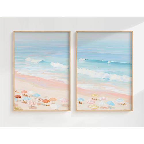 Beach Wall Art Set of 2 - Pastel Coastal Painting - Beach Umbrella Art - Dorm Room Decor