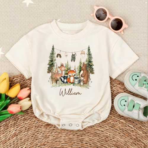 Woodland Animals Romper Sweatshirt, Personalized Baby Outfit, Forest Animal Baby Clothes, Baby Shower Gift, Custom Baby Boy Romper