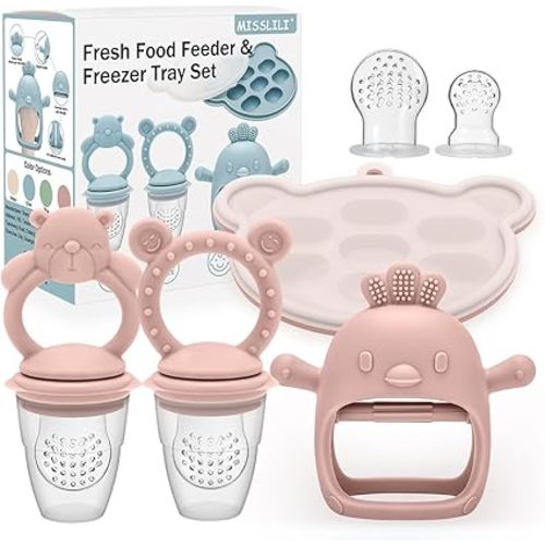 4 Pack Silicone Teething Mitten for Babies with Baby Fruit Food Feeder & Freezer Tray Set, BPA Free Infant Teething Relief Toy for 3 Month+, Additional Silicone Sacs
