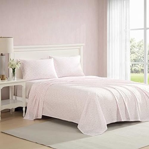 Laura Ashley - Twin Sheet Set, Crisp & Cool Cotton Percale Bedding with Deep Pockets, Lightweight for Year Round Comfort, Bed Sheets with Matching Pillowcases (Floral Toile Pink)
