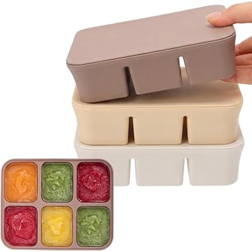 Mimorou 3 Pack Baby Food Freezer Tray with Lids 2.8 oz x 12 Cups Silicone Baby Food Storage Container Ice Cube Freezer Molds for Homemade Vegetable Fruit Purees Snack(6 Cups,White, Yellow, Brown)