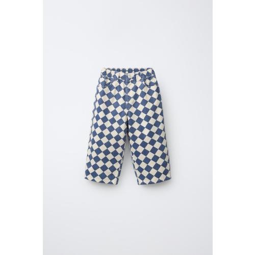 CHECKERED BAGGY TWILL PANTS - Ecru / Blue | ZARA United States