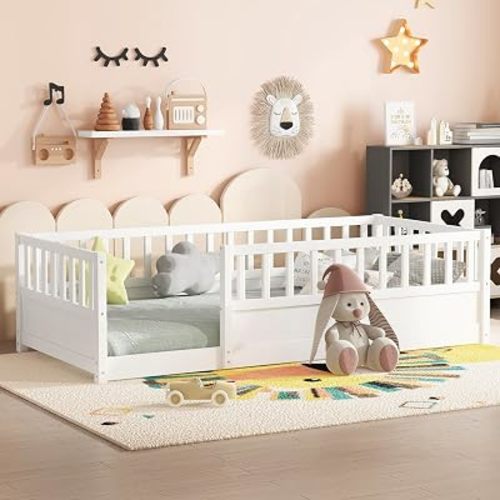 Bellemave Twin Size Montessori Floor Bed with High Fence and Guardrail,Solid Wood Floor Bed Frame with Slats for Kids Girls Boys,White