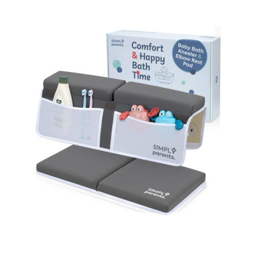 Baby Bath Kneeler and Elbow Rest Pad Set - Quick-Dry, Non-Slip Kneeling Pad for Bathing Toddler, Toy Organizer Pockets, Gift Box, Accessories for Tub, Gray