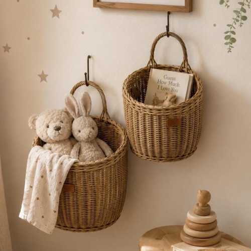 Wicker Wall Hanging Pocket Basket: Nursery storage bag Organizer